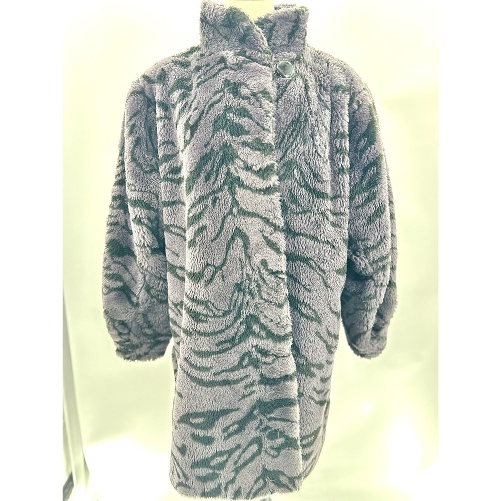 Vintage Style VI LTD Grey Black Tiger Strip Faux Fur Furry‎ Trench Coat Large
